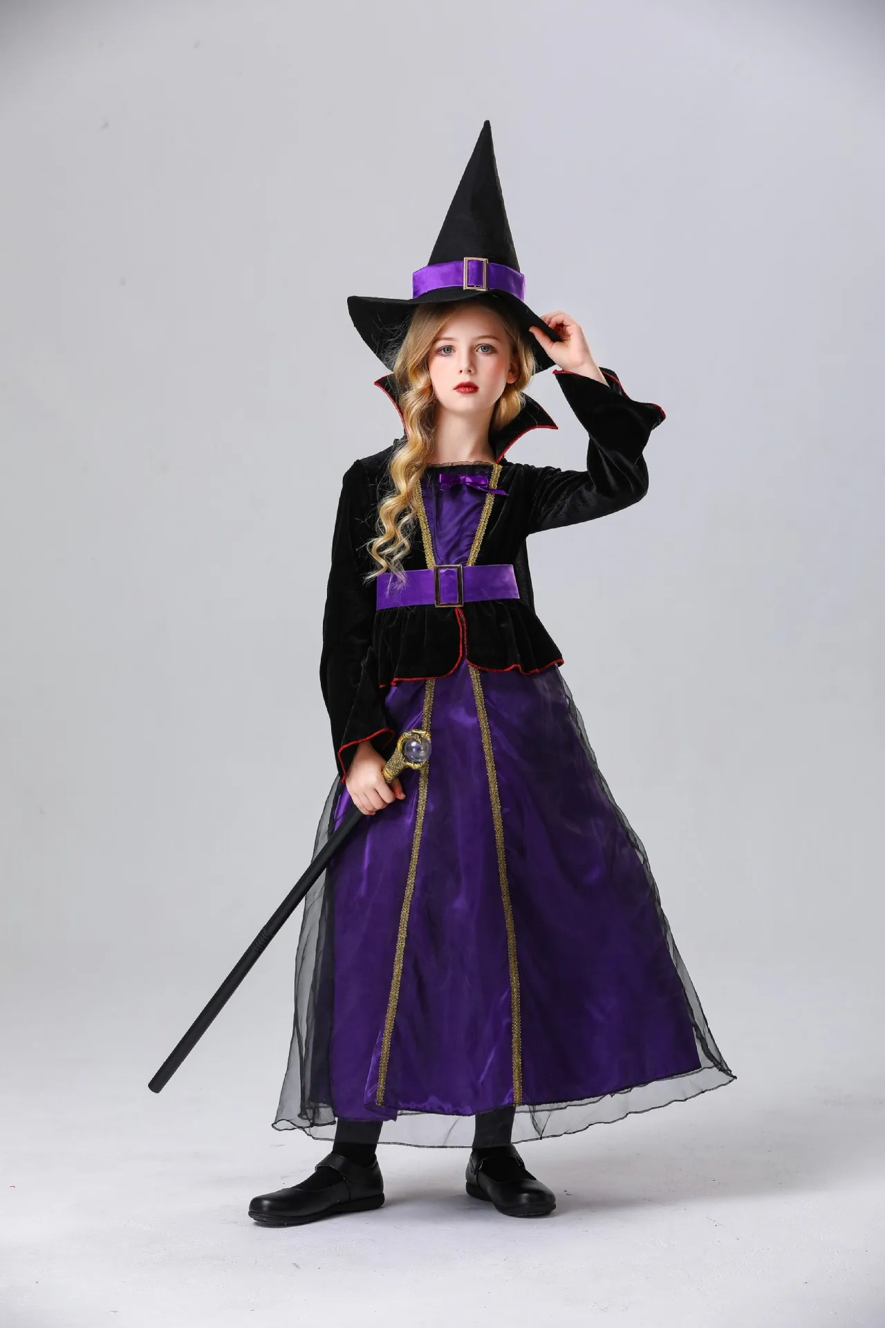 New Kids Female Halloween Cos Purple Witch Dress Hat Suit Cosplay Costume display picture 3