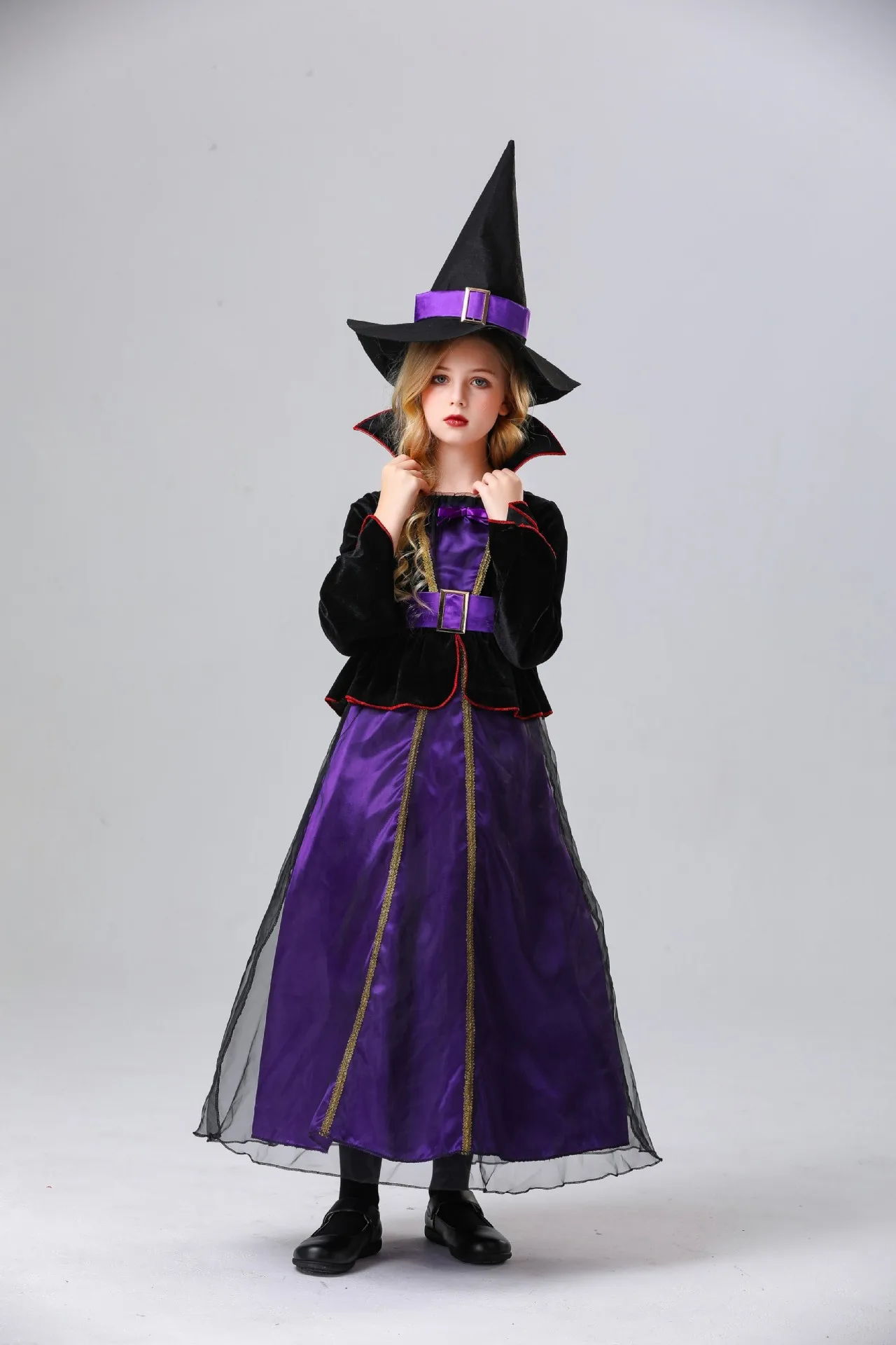 New Kids Female Halloween Cos Purple Witch Dress Hat Suit Cosplay Costume display picture 6