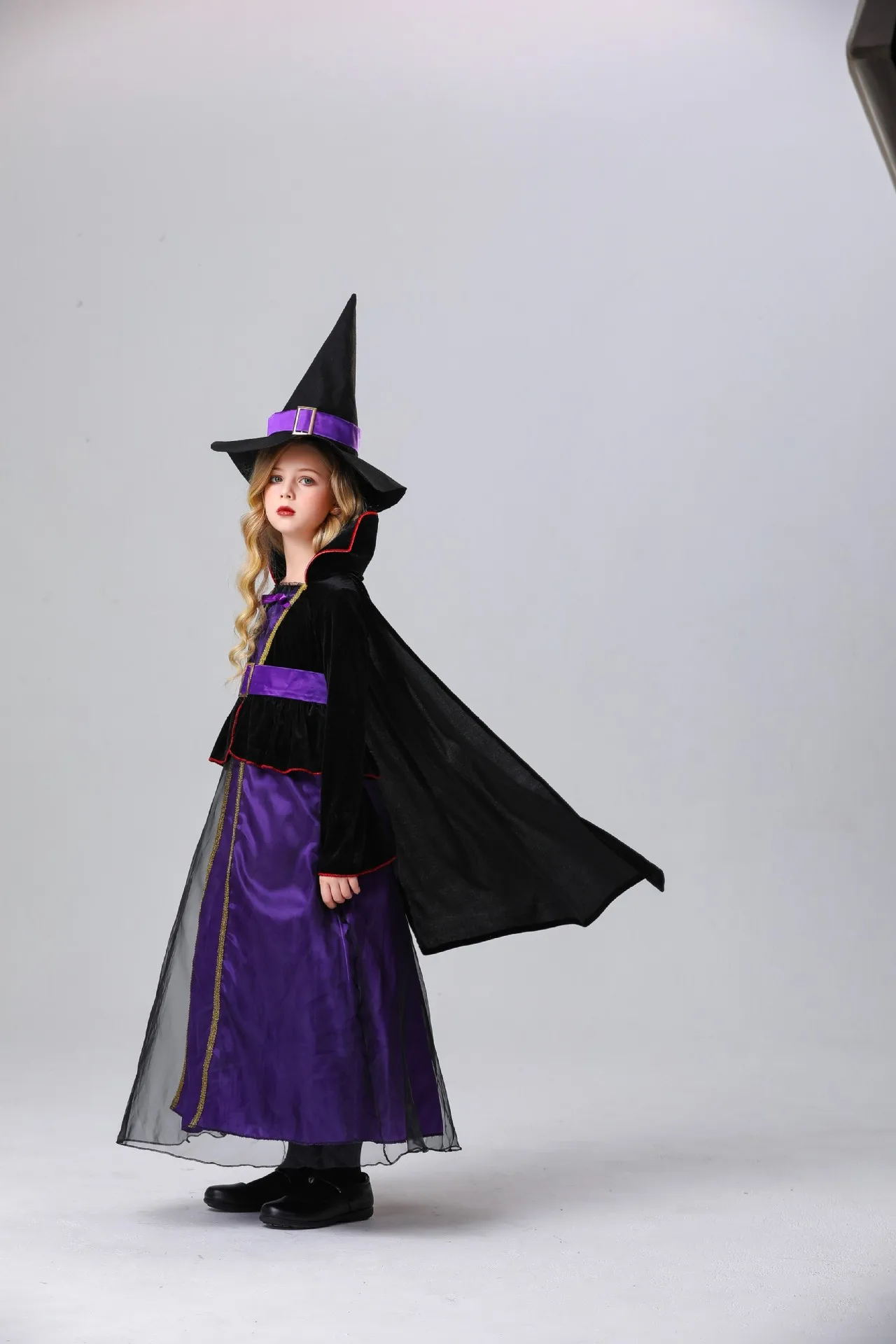 New Kids Female Halloween Cos Purple Witch Dress Hat Suit Cosplay Costume display picture 8