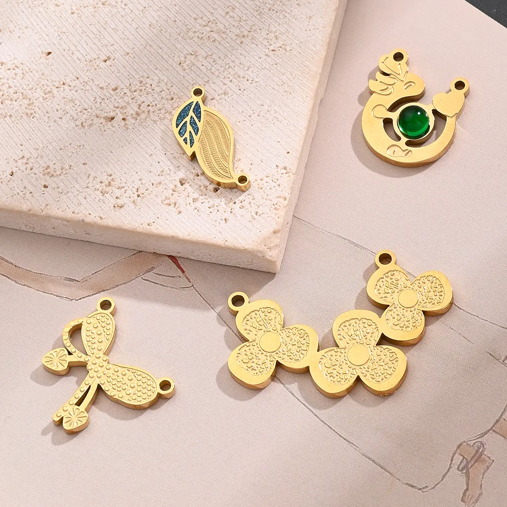 Best Seller In Europe And America Creative DIY Ornament Accessories Furnace Vacuum Plating Colorful Oil Necklace Green Glass Bow Clover Cartoon Love Ring Leaf Connector display picture 1