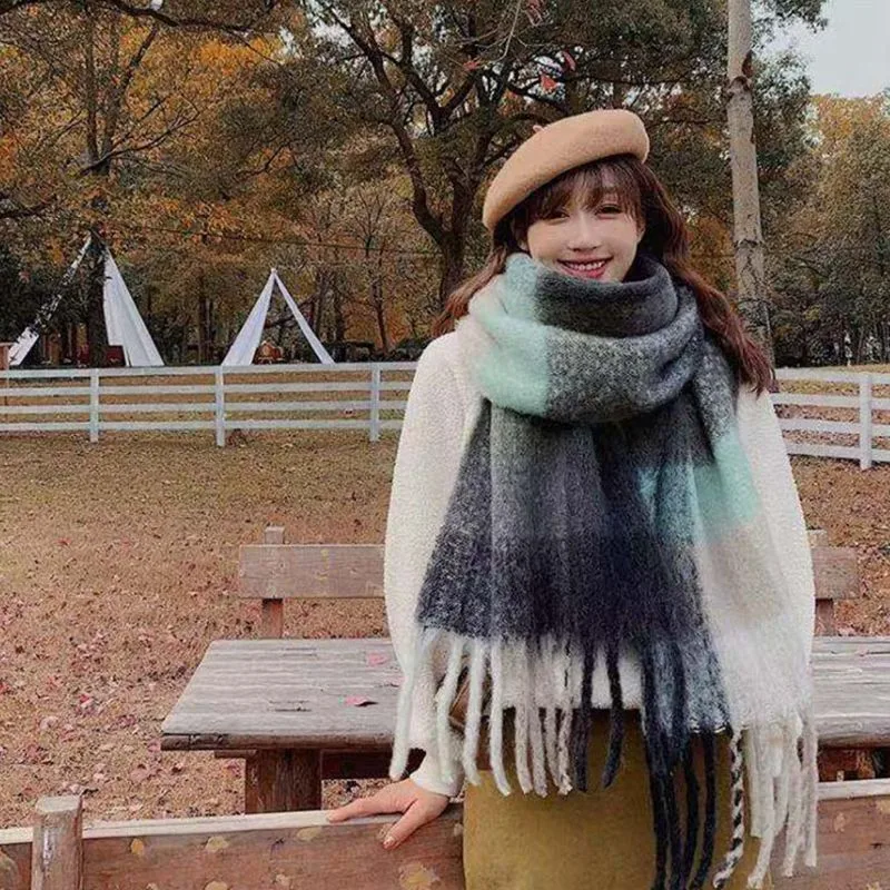 Rainbow Plaid Scarf Women's Autumn And Winter Thickened Mohair Student Couple  Contrast Color Matching  Thickened display picture 1