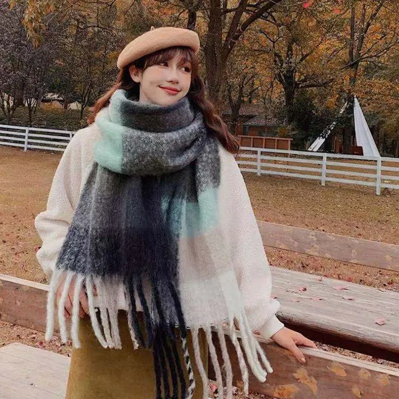 Rainbow Plaid Scarf Women's Autumn And Winter Thickened Mohair Student Couple  Contrast Color Matching  Thickened display picture 2