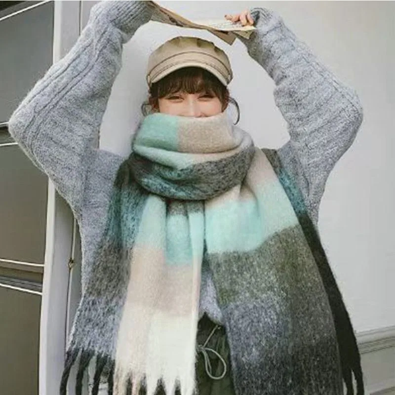 Rainbow Plaid Scarf Women's Autumn And Winter Thickened Mohair Student Couple  Contrast Color Matching  Thickened display picture 3