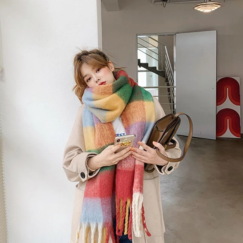 Rainbow Plaid Scarf Women's Autumn And Winter Thickened Mohair Student Couple  Contrast Color Matching  Thickened display picture 6