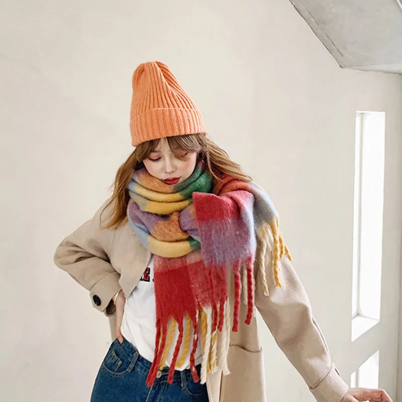 Rainbow Plaid Scarf Women's Autumn And Winter Thickened Mohair Student Couple  Contrast Color Matching  Thickened display picture 7