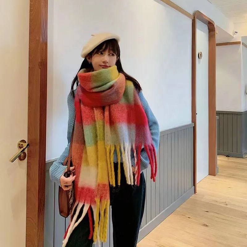 Rainbow Plaid Scarf Women's Autumn And Winter Thickened Mohair Student Couple  Contrast Color Matching  Thickened display picture 8