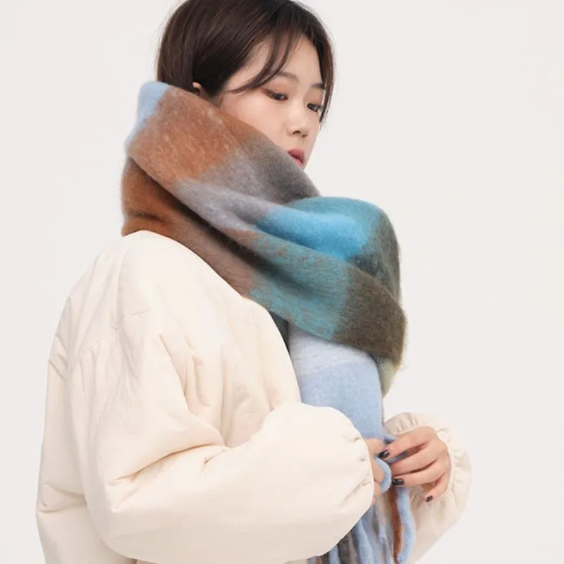 Rainbow Plaid Scarf Women's Autumn And Winter Thickened Mohair Student Couple  Contrast Color Matching  Thickened display picture 9