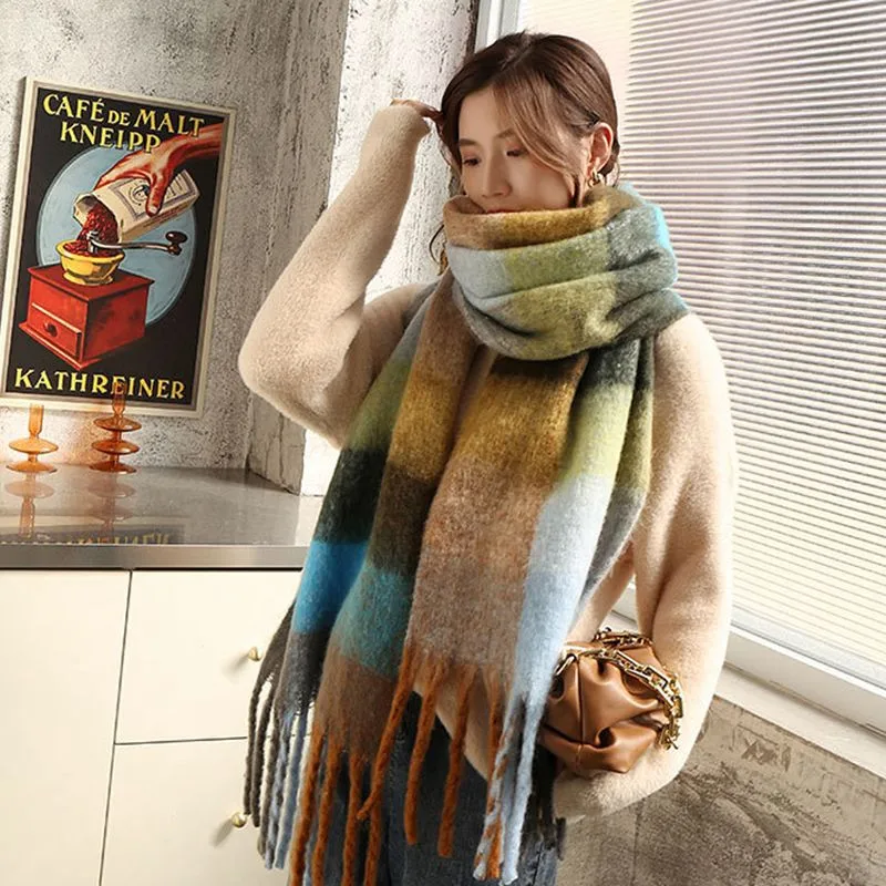 Rainbow Plaid Scarf Women's Autumn And Winter Thickened Mohair Student Couple  Contrast Color Matching  Thickened display picture 10