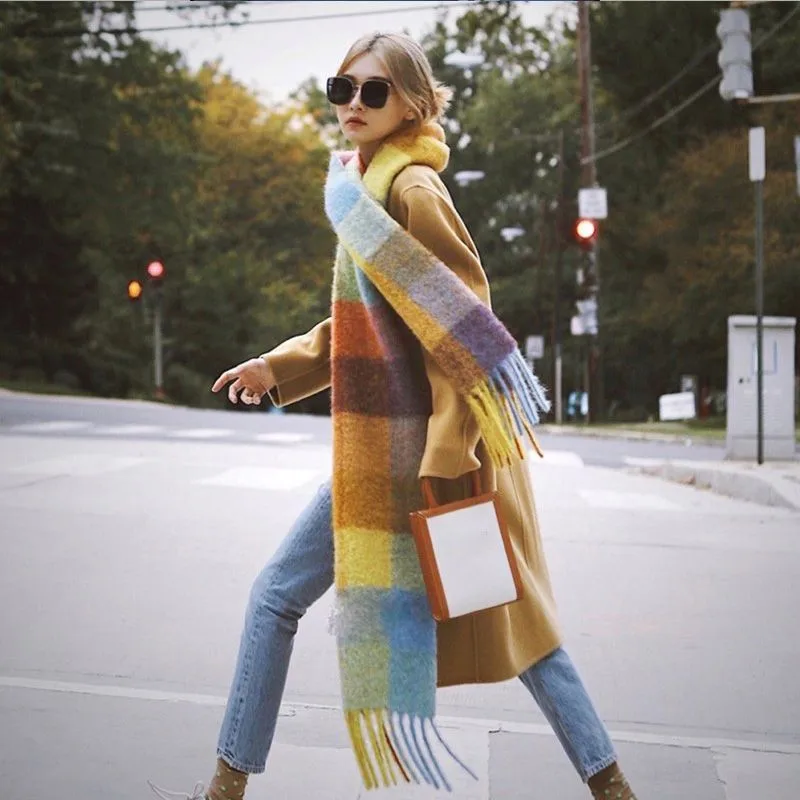 Rainbow Plaid Scarf Women's Autumn And Winter Thickened Mohair Student Couple  Contrast Color Matching  Thickened display picture 11