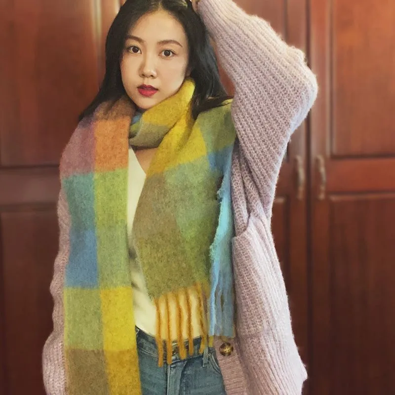 Rainbow Plaid Scarf Women's Autumn And Winter Thickened Mohair Student Couple  Contrast Color Matching  Thickened display picture 13