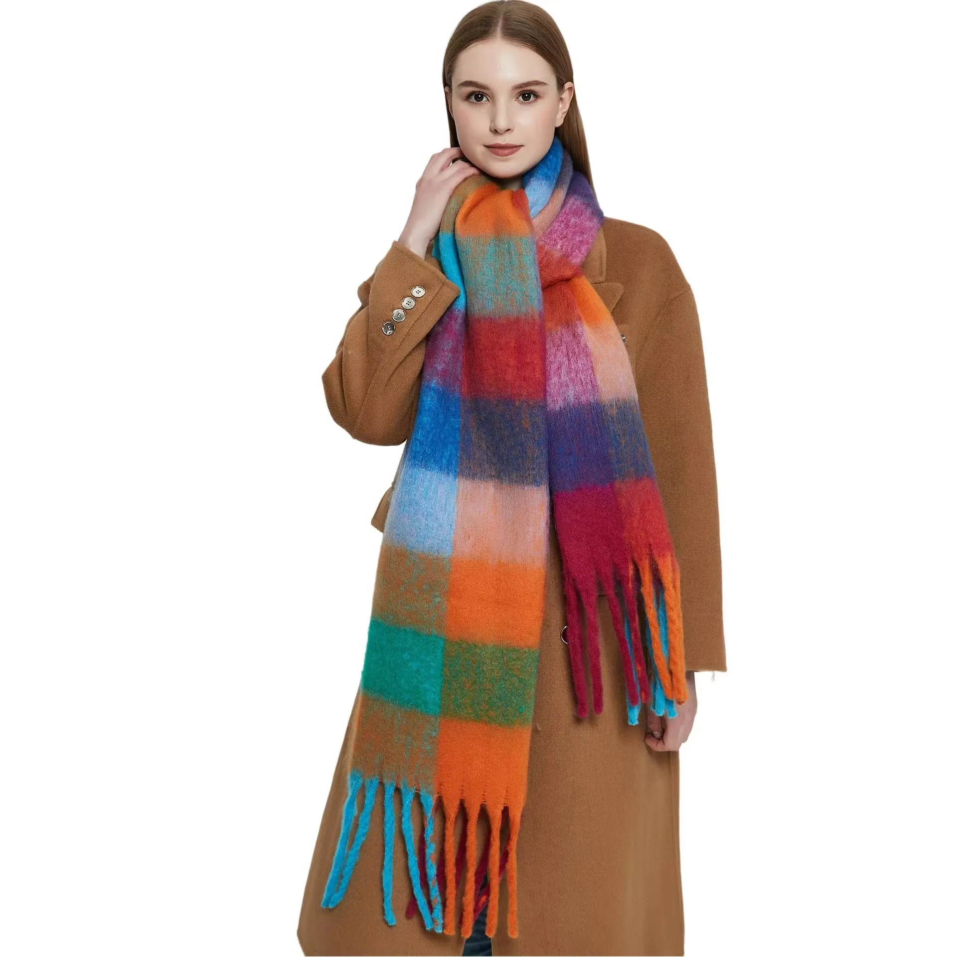 Mohair Rainbow Autumn And Winter Wool Thickened Long Net Red Sea Plaid Scarf Women's British-style  Trendy Warm-keeping · display picture 2
