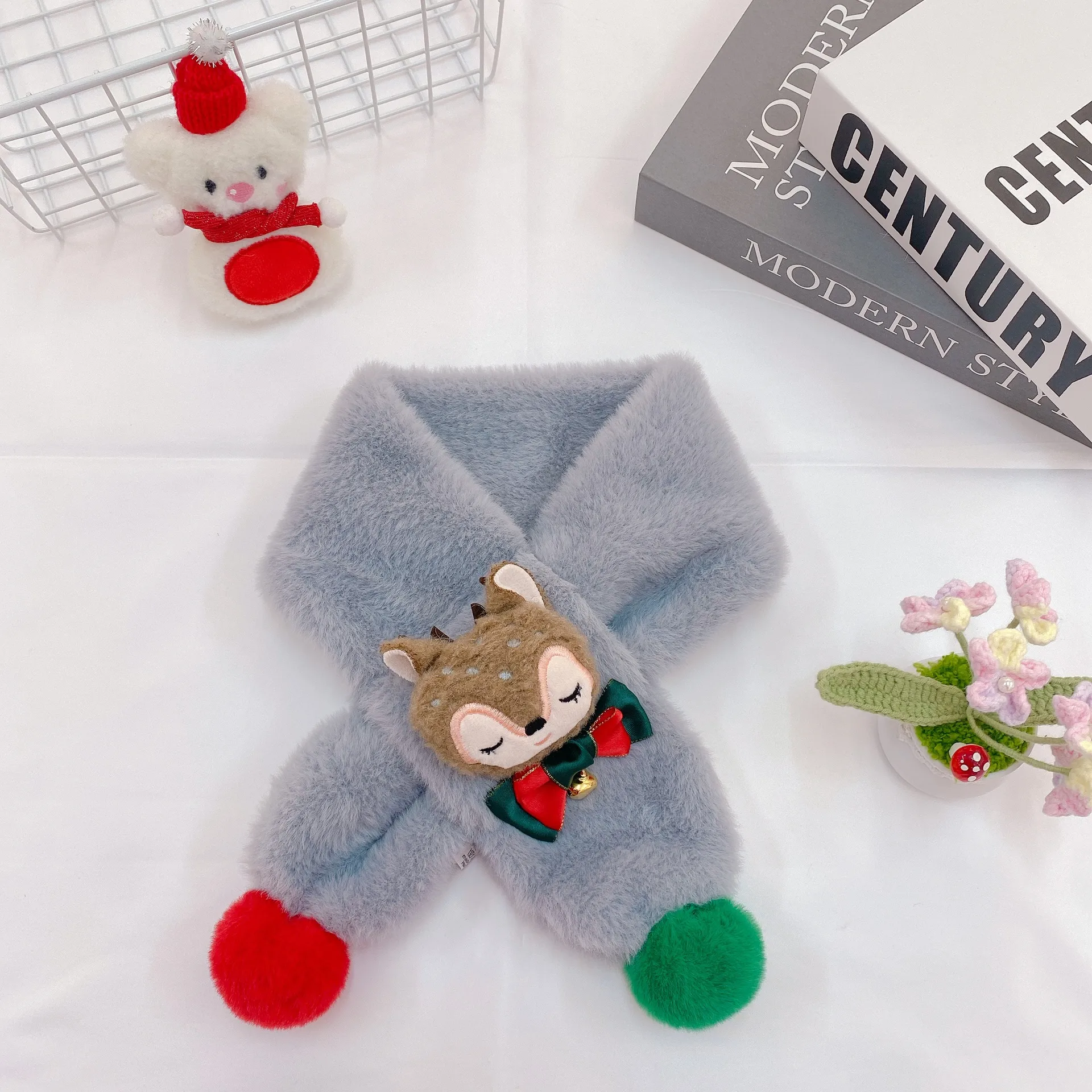 New Children's Scarf Autumn And Winter Christmas Plush Fox Bow Tie Warm Double Color Ball Scarf Baby Cartoon Scarf display picture 6