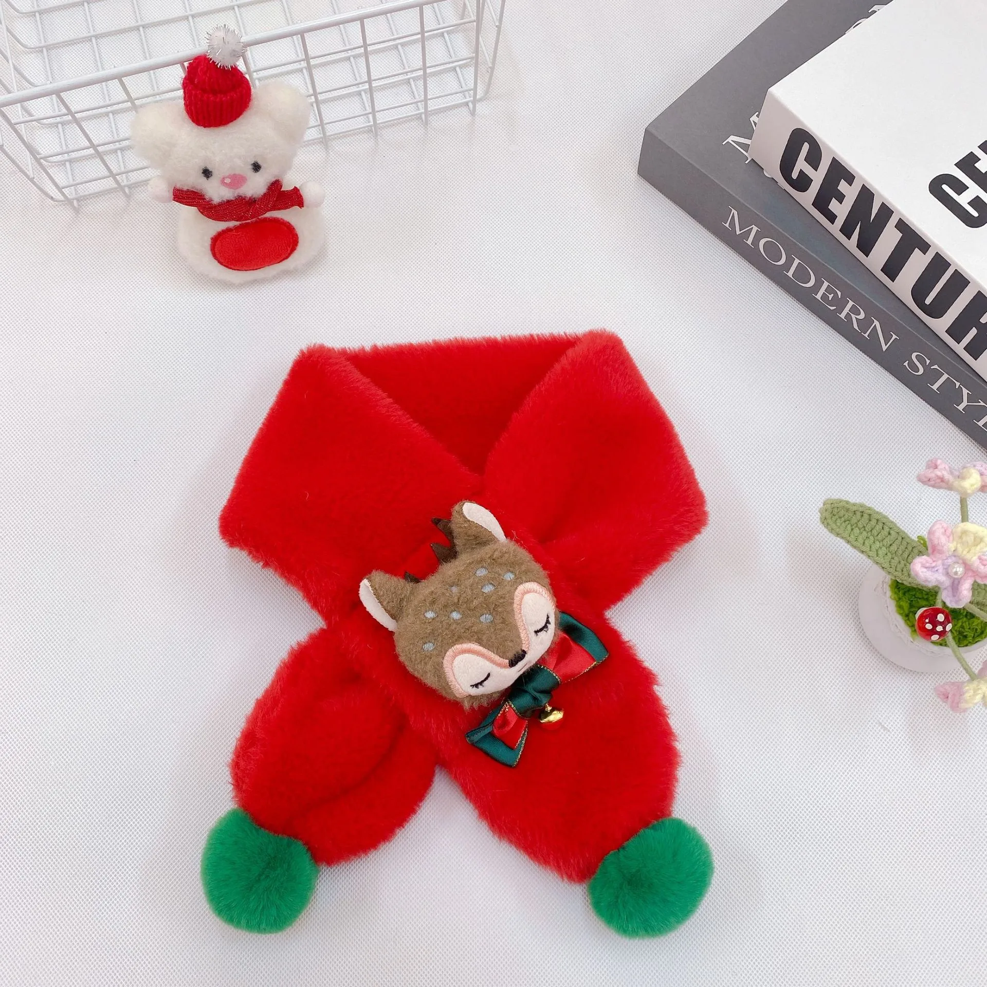 New Children's Scarf Autumn And Winter Christmas Plush Fox Bow Tie Warm Double Color Ball Scarf Baby Cartoon Scarf display picture 1