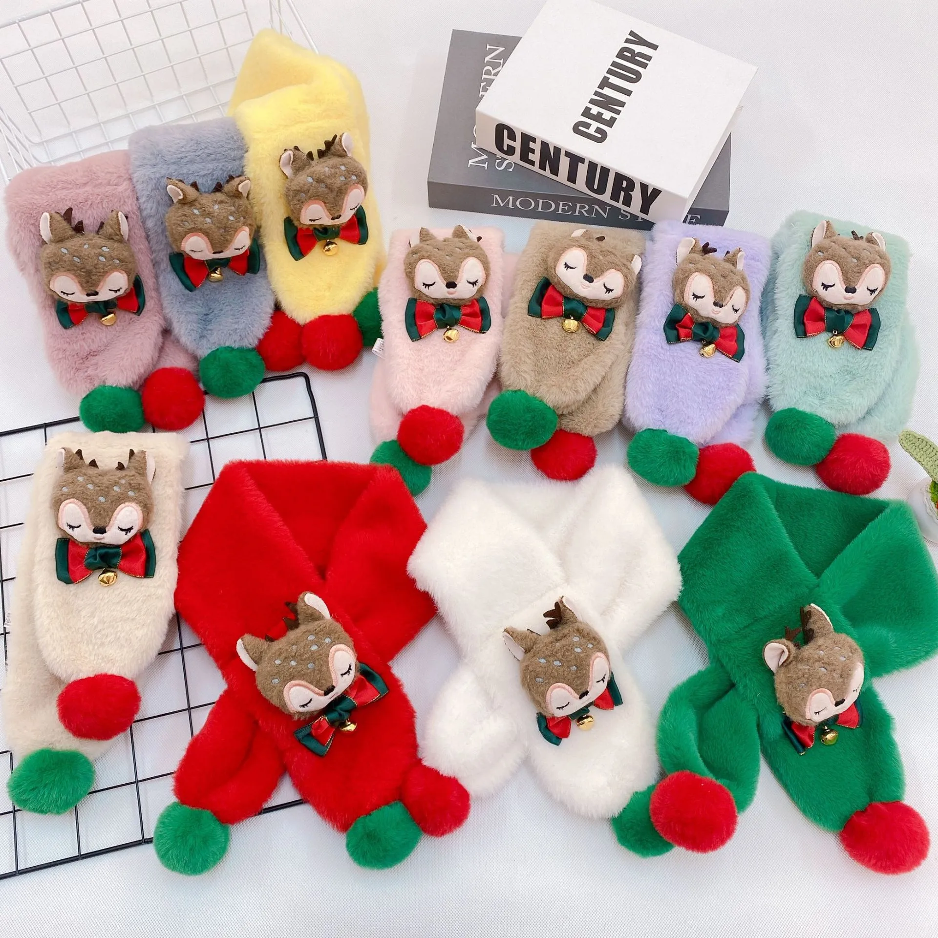 New Children's Scarf Autumn And Winter Christmas Plush Fox Bow Tie Warm Double Color Ball Scarf Baby Cartoon Scarf display picture 2