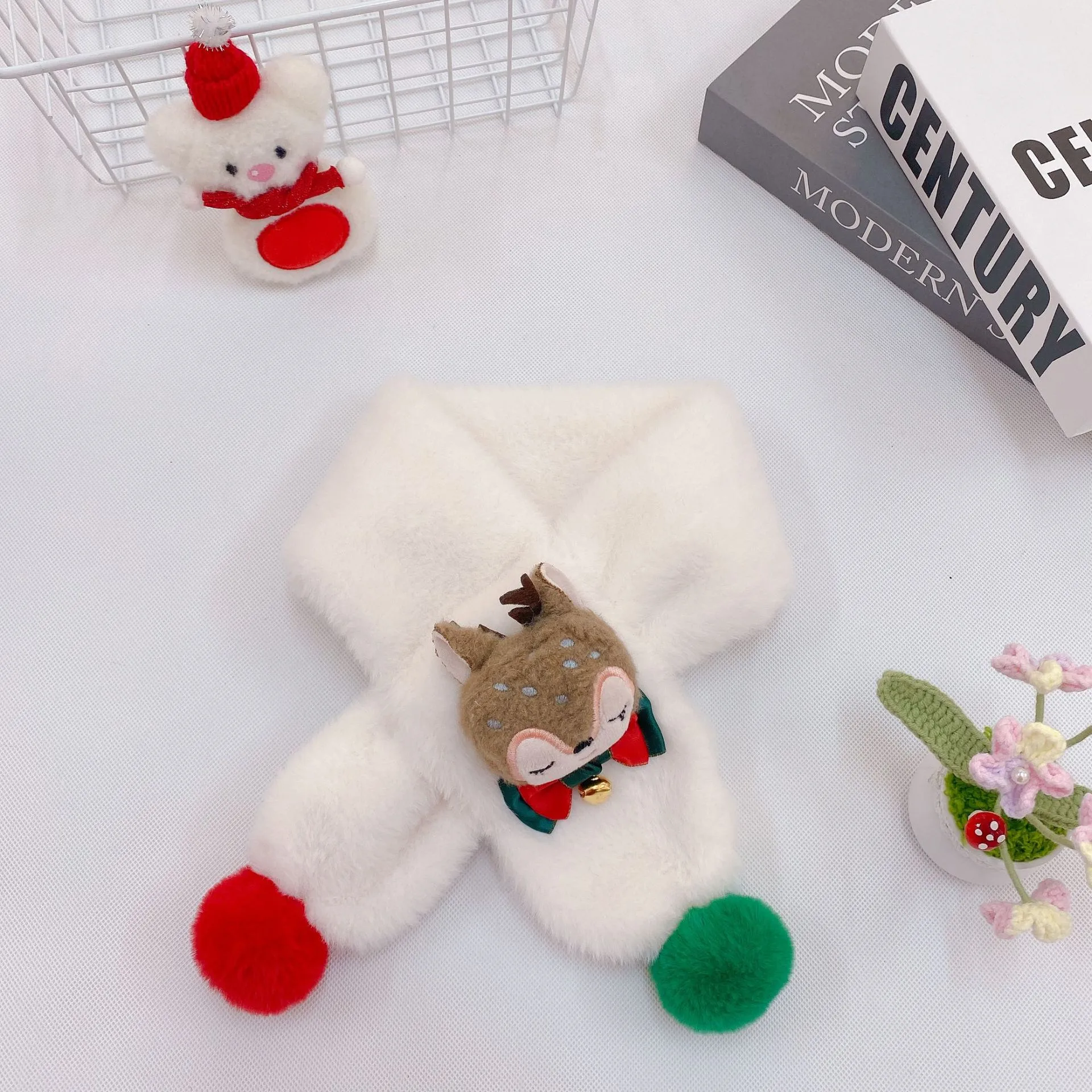 New Children's Scarf Autumn And Winter Christmas Plush Fox Bow Tie Warm Double Color Ball Scarf Baby Cartoon Scarf display picture 4