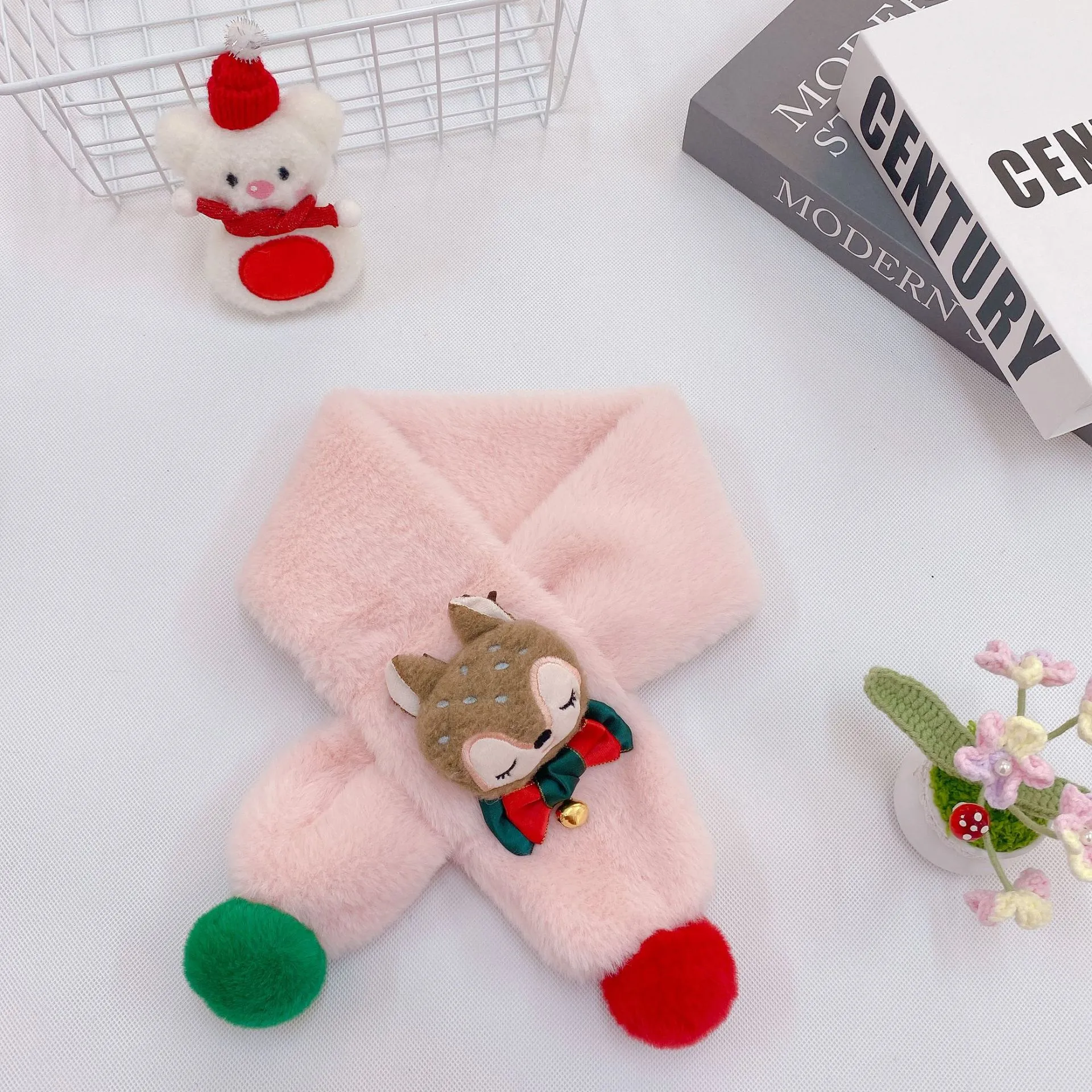 New Children's Scarf Autumn And Winter Christmas Plush Fox Bow Tie Warm Double Color Ball Scarf Baby Cartoon Scarf display picture 5