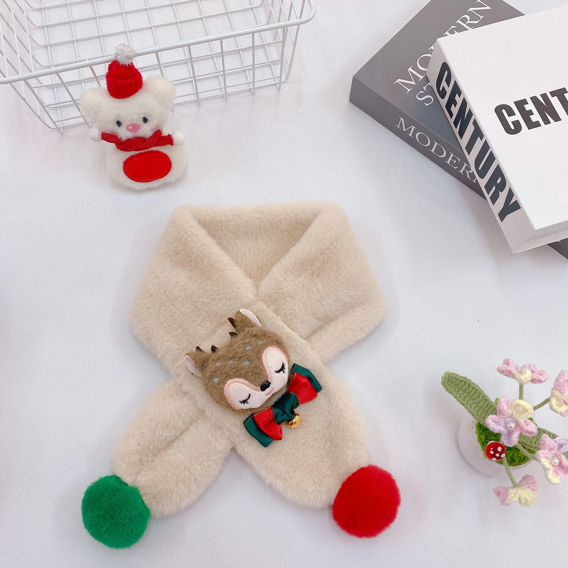 New Children's Scarf Autumn And Winter Christmas Plush Fox Bow Tie Warm Double Color Ball Scarf Baby Cartoon Scarf display picture 8