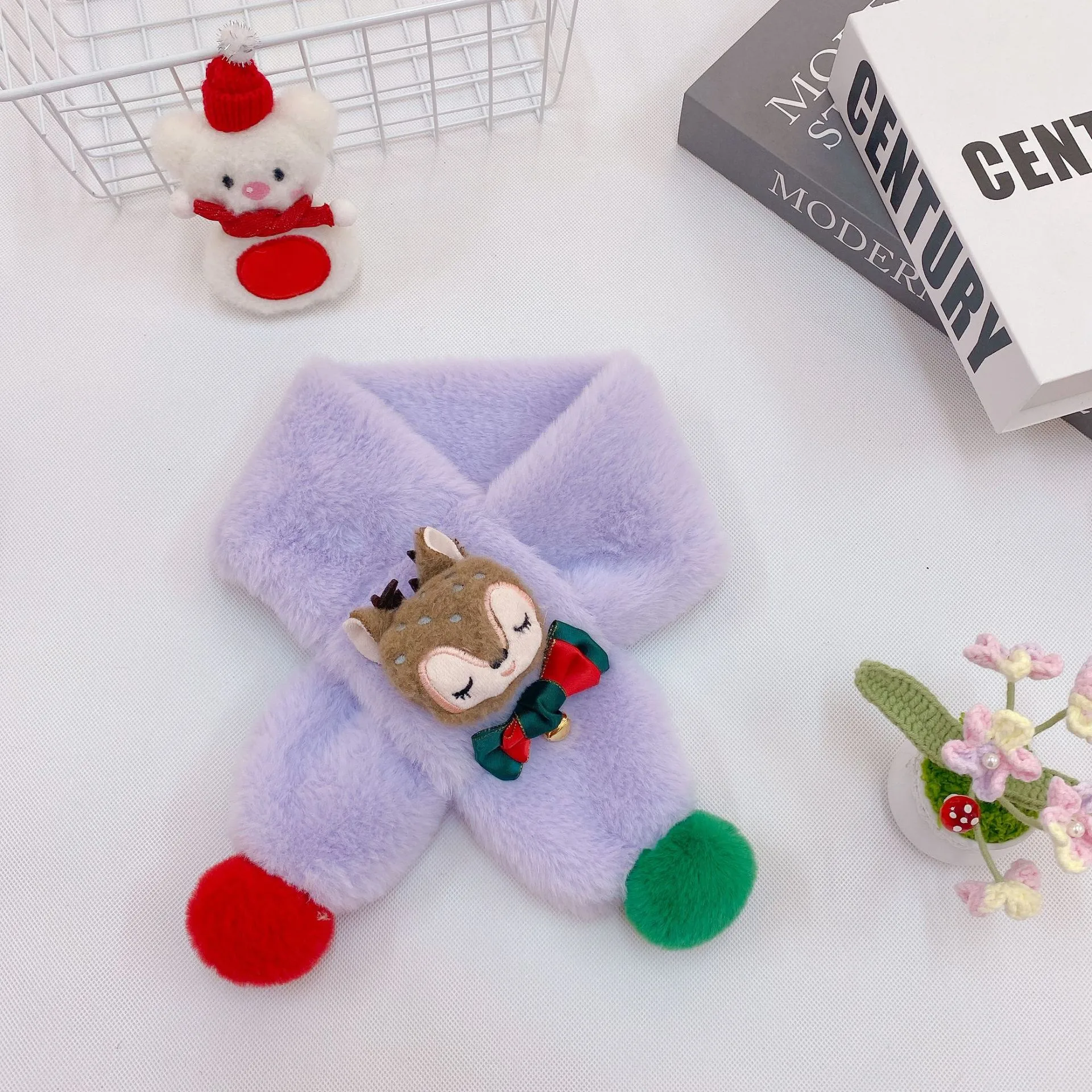 New Children's Scarf Autumn And Winter Christmas Plush Fox Bow Tie Warm Double Color Ball Scarf Baby Cartoon Scarf display picture 9