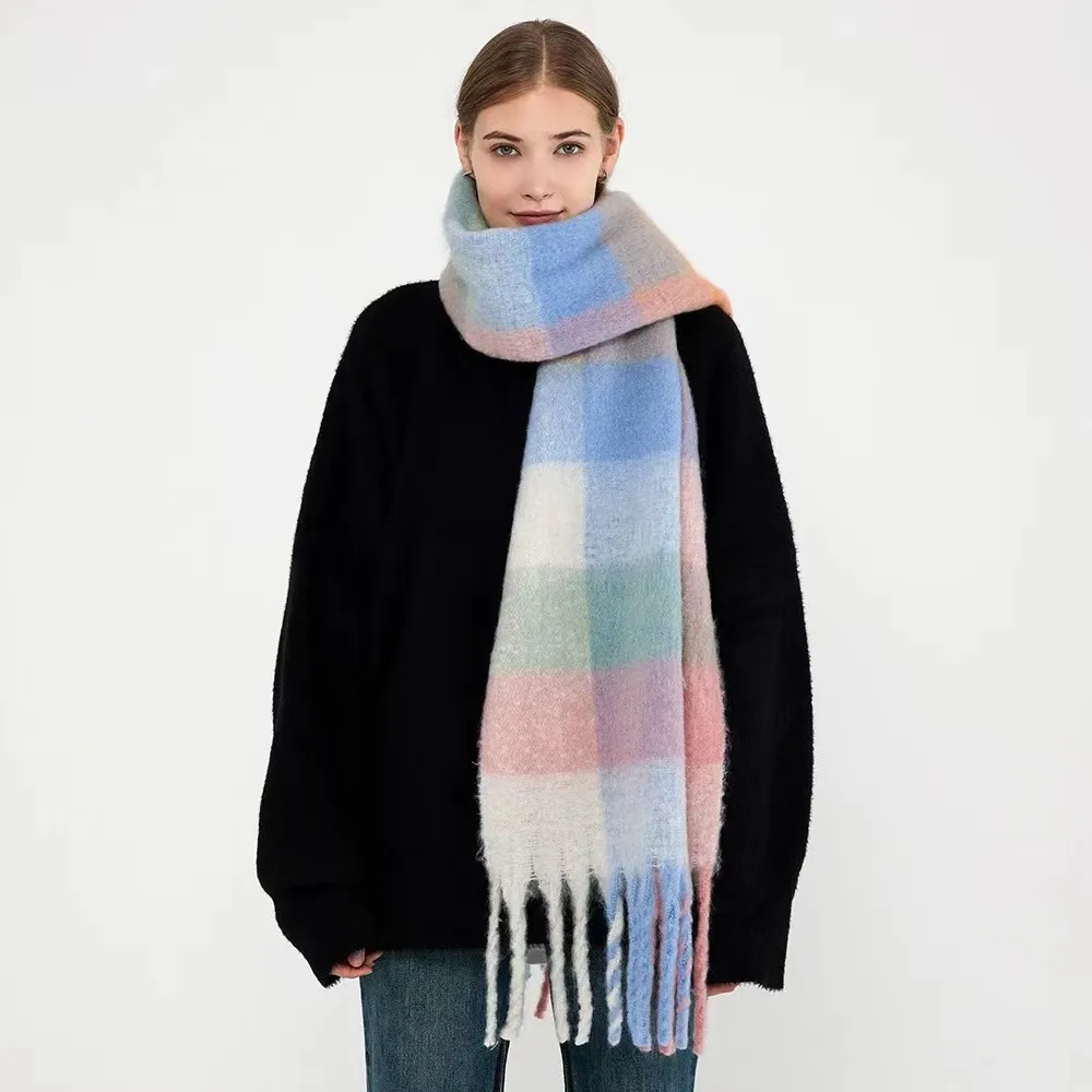 Mohair Rainbow Autumn And Winter Wool Thickened Long Net Red Sea Plaid Scarf Women's British-style  Trendy Warm-keeping · display picture 5