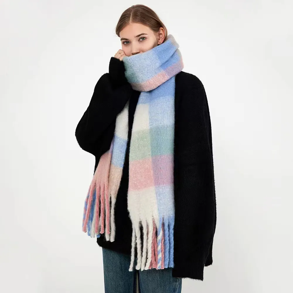Mohair Rainbow Autumn And Winter Wool Thickened Long Net Red Sea Plaid Scarf Women's British-style  Trendy Warm-keeping · display picture 6