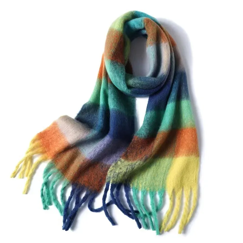 Mohair Rainbow Autumn And Winter Wool Thickened Long Net Red Sea Plaid Scarf Women's British-style  Trendy Warm-keeping · display picture 11