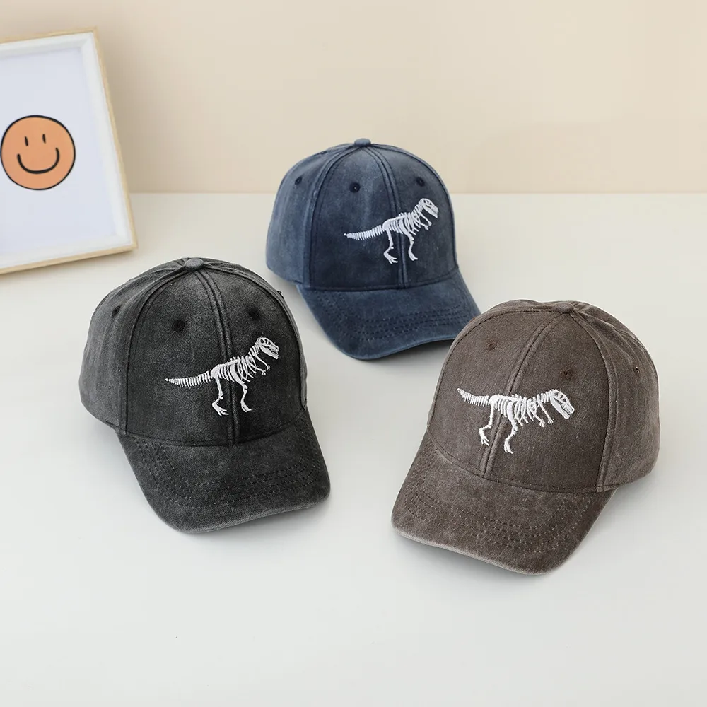 Children's Hat Spring And Autumn Fashion Embroidered Washed Peaked Cap Korean New Retro Cartoon Dinosaur Baseball Cap display picture 3