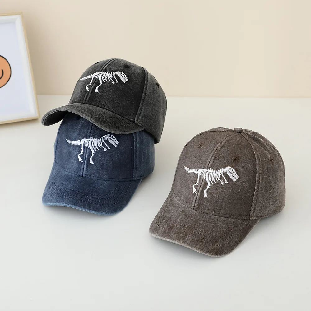 Children's Hat Spring And Autumn Fashion Embroidered Washed Peaked Cap Korean New Retro Cartoon Dinosaur Baseball Cap display picture 4