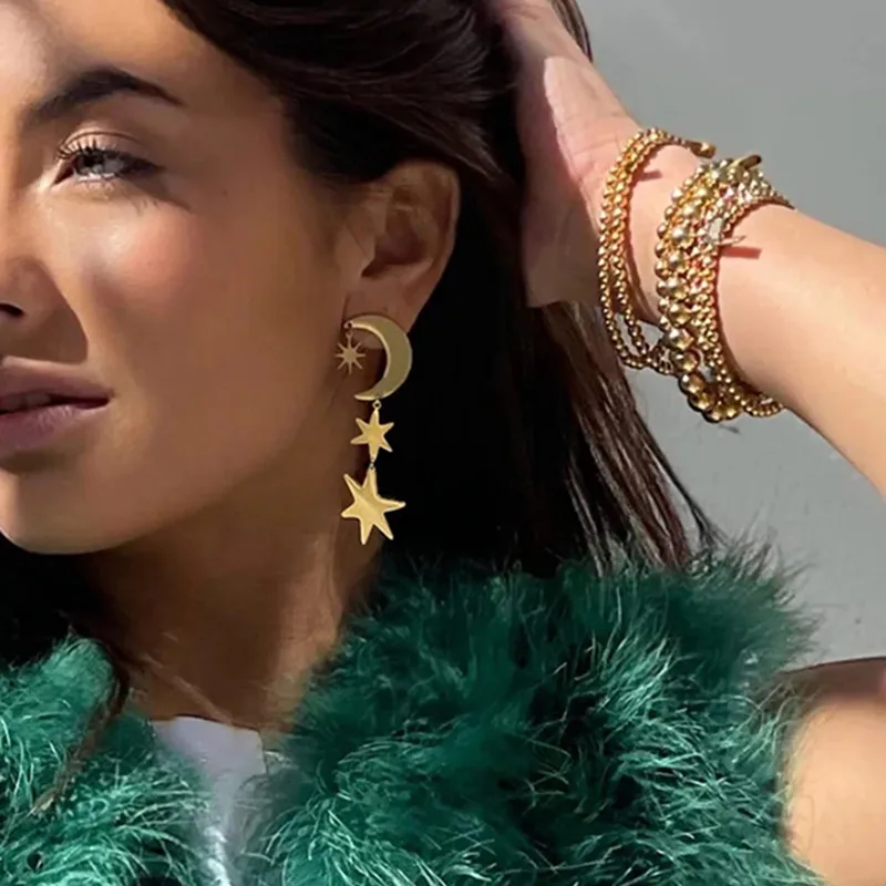 1 Pair Simple Style Classic Style Star Moon 304 Stainless Steel Drop Earrings display picture 3