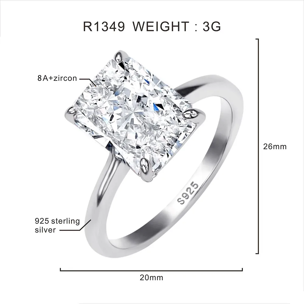 White Gold Plated 925 Sterling Silver Zircon Rectangle Rings display picture 1