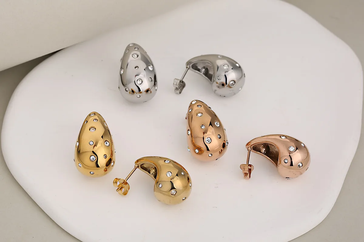 1 Pair Luxurious Vacation Commute Water Droplets 304 Stainless Steel Rhinestones 18K Gold Plated Ear Studs display picture 2