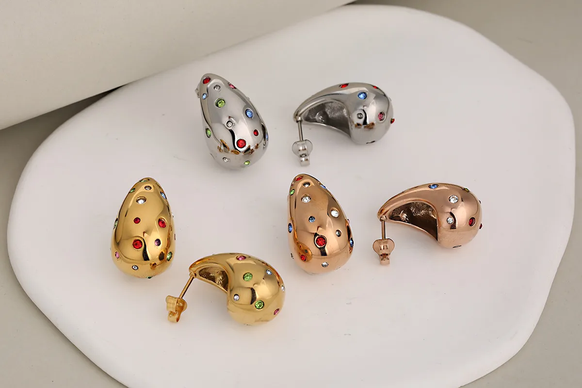 1 Pair Luxurious Vacation Commute Water Droplets 304 Stainless Steel Rhinestones 18K Gold Plated Ear Studs display picture 4