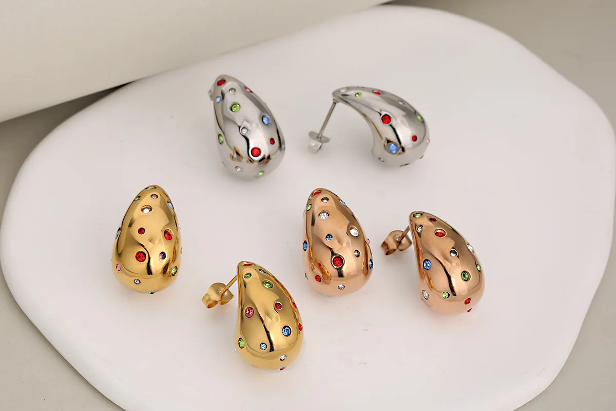 1 Pair Luxurious Vacation Commute Water Droplets 304 Stainless Steel Rhinestones 18K Gold Plated Ear Studs display picture 3