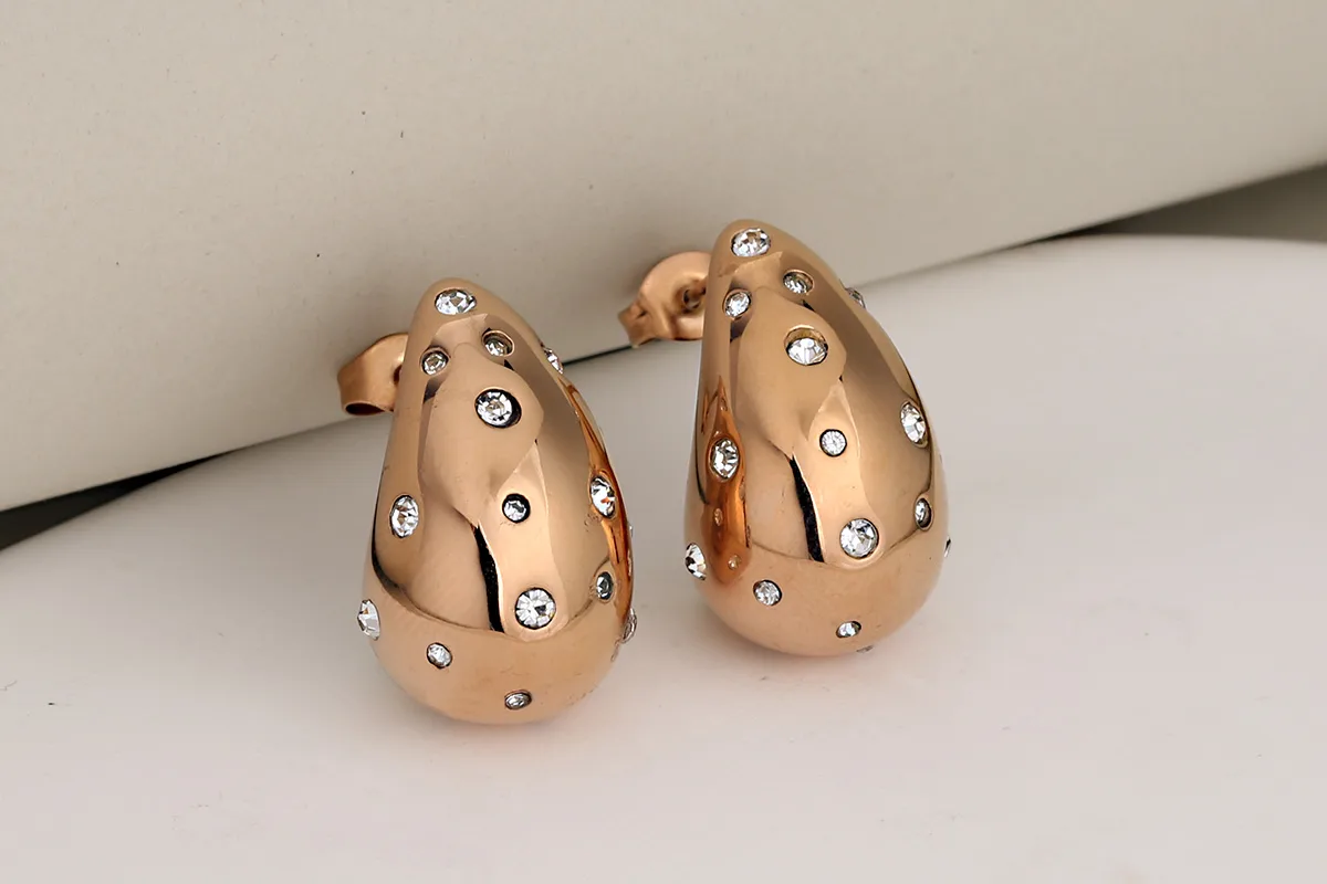 1 Pair Luxurious Vacation Commute Water Droplets 304 Stainless Steel Rhinestones 18K Gold Plated Ear Studs display picture 6