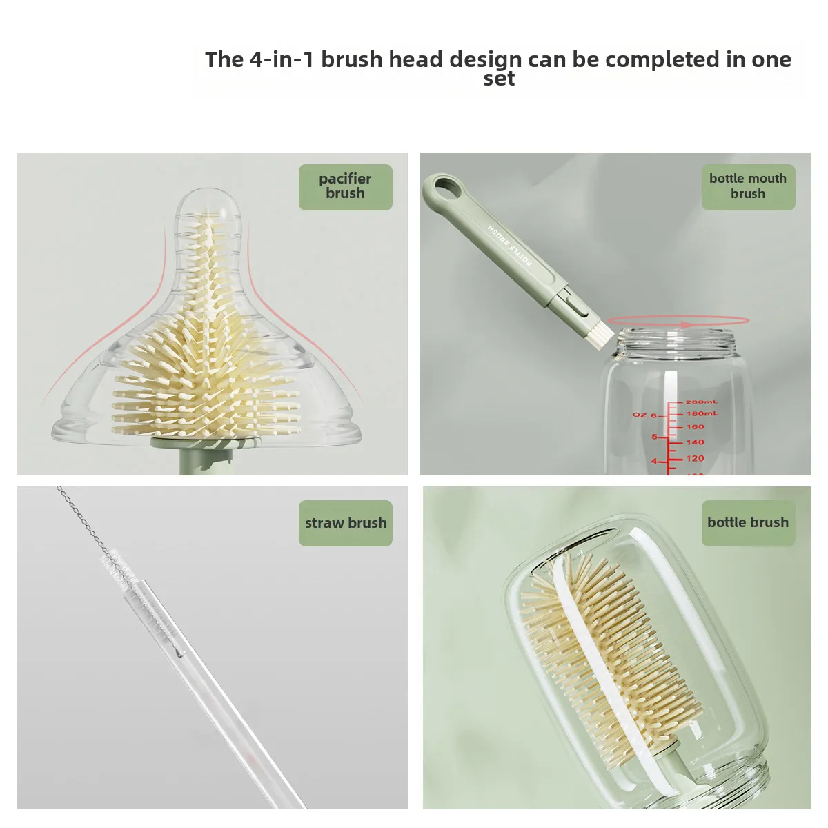Straight Handle Silicone Bottle Brush Multifunctional Portable Pacifier Brush Baby Washing Bottle Water Cup Container Cleaning Cup Brush Suit display picture 2