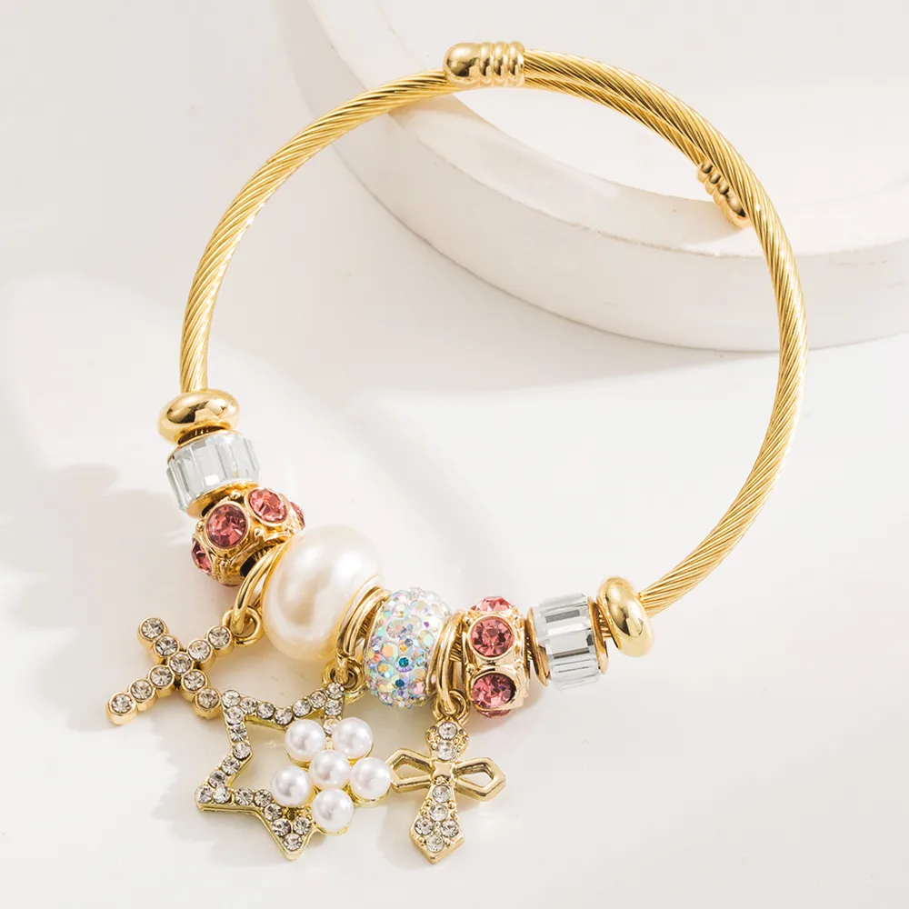 Casual Elegant Classic Style Cross Heart Shape Gold Plated Rhinestones 304 Stainless Steel Alloy Wholesale Bangle display picture 4