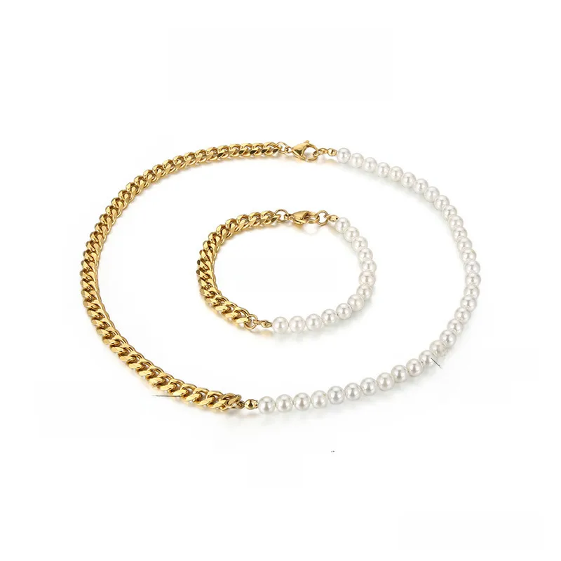 Card Wheel New Stitching Pearl Necklace Clavicle Chain Bracelet Chain Female Titanium Steel Niche Design Sense Two-piece Jewelry display picture 1