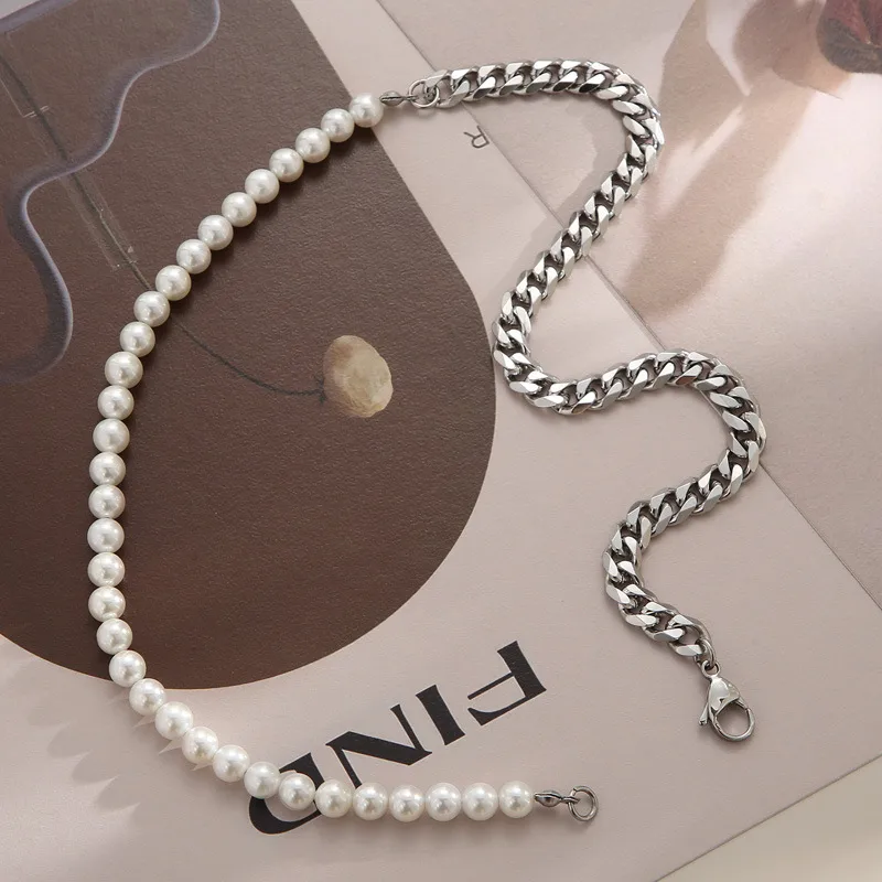 Card Wheel New Stitching Pearl Necklace Clavicle Chain Bracelet Chain Female Titanium Steel Niche Design Sense Two-piece Jewelry display picture 6