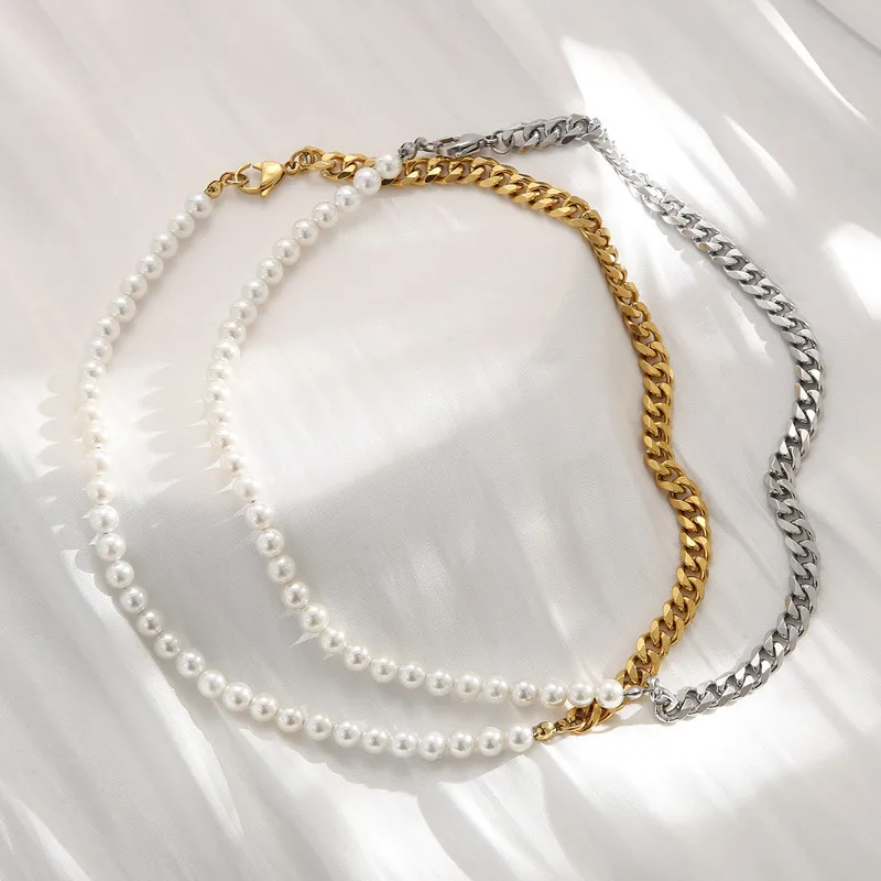 Card Wheel New Stitching Pearl Necklace Clavicle Chain Bracelet Chain Female Titanium Steel Niche Design Sense Two-piece Jewelry display picture 7