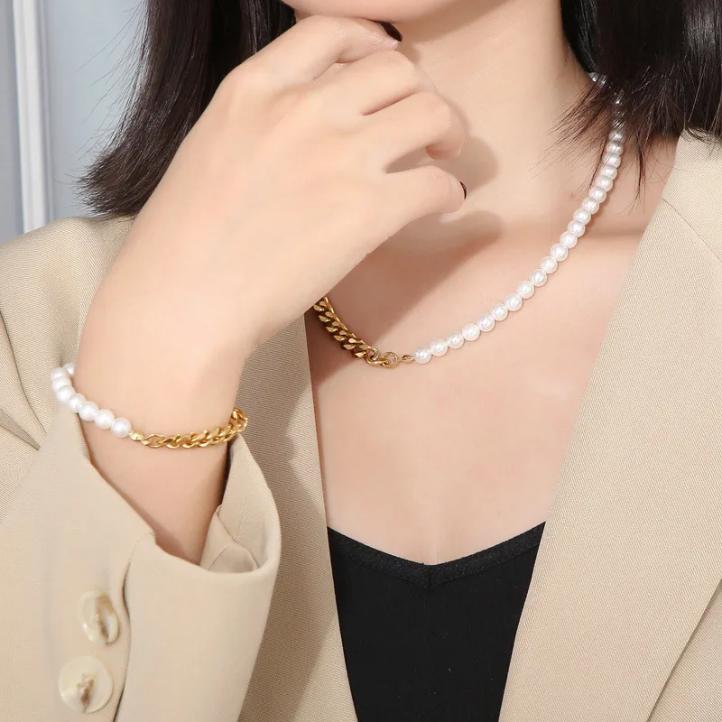 Card Wheel New Stitching Pearl Necklace Clavicle Chain Bracelet Chain Female Titanium Steel Niche Design Sense Two-piece Jewelry display picture 14