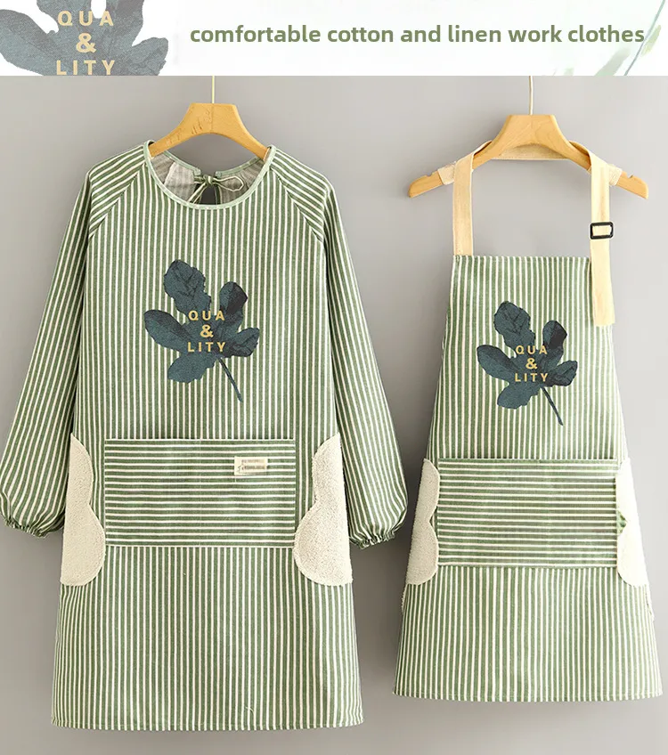 Cotton And Linen Long-sleeved Apron Kitchen Household Breathable Antifouling Cooking Waist Coverall Women's New Work Clothes display picture 1