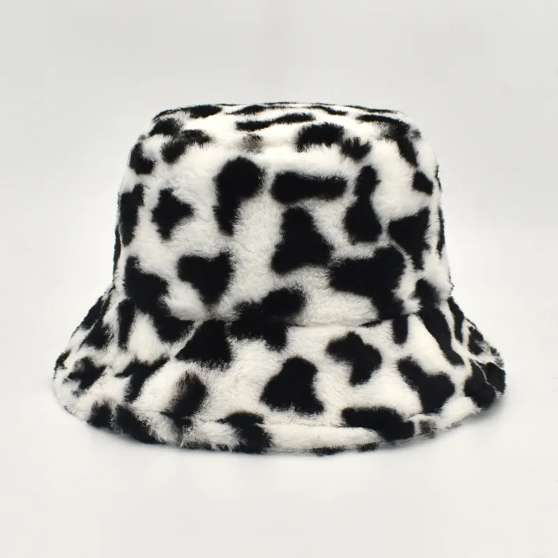 New Autumn And Winter Dairy Pattern Fisherman Hat Women's Plush Warm Hat Korean Style Cyber Celebrity Black And White Striped Basin Hat Trendy display picture 1