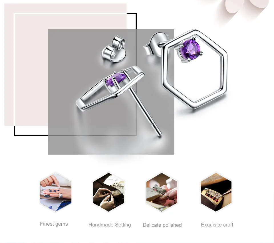18K Gold Plated 925 Sterling Silver 925 Sterling Sliver Silver Amethyst Hexagon EARRINGS Hoop Earrings display picture 5