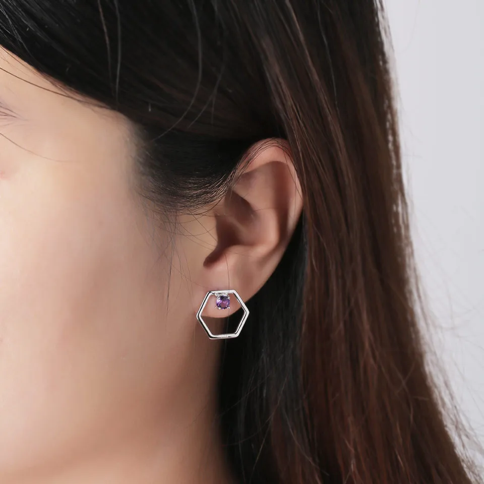 18K Gold Plated 925 Sterling Silver 925 Sterling Sliver Silver Amethyst Hexagon EARRINGS Hoop Earrings display picture 11