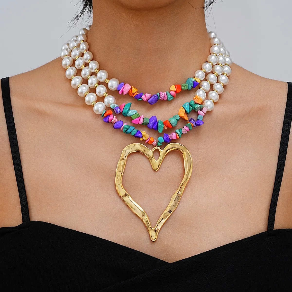 Exaggerated Heart Shape Imitation Pearl Alloy Beaded Chain Statement Necklaces Wholesale display picture 4