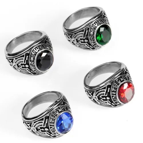 Europe And The United States  Stainless Steel Stall Jewelry American Soldiers Retro Titanium Steel Eagle Red Green Blue Black Gem Ring Men display picture 1