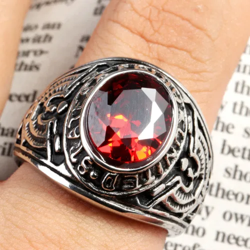 Europe And The United States  Stainless Steel Stall Jewelry American Soldiers Retro Titanium Steel Eagle Red Green Blue Black Gem Ring Men display picture 6