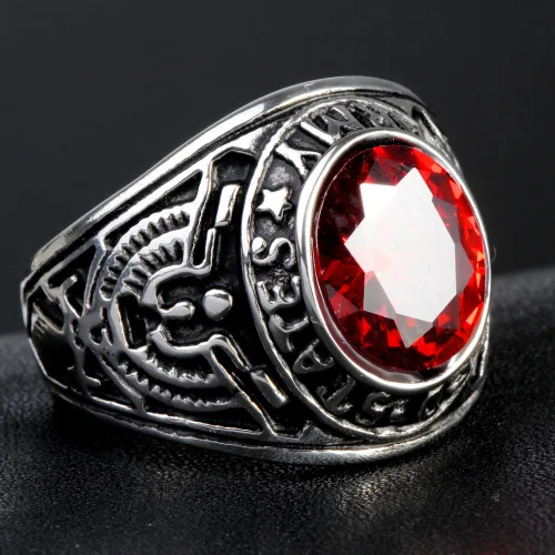 Europe And The United States  Stainless Steel Stall Jewelry American Soldiers Retro Titanium Steel Eagle Red Green Blue Black Gem Ring Men display picture 7