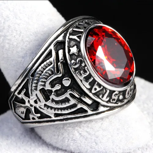 Europe And The United States  Stainless Steel Stall Jewelry American Soldiers Retro Titanium Steel Eagle Red Green Blue Black Gem Ring Men display picture 9