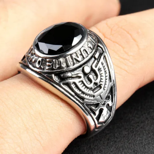 Europe And The United States  Stainless Steel Stall Jewelry American Soldiers Retro Titanium Steel Eagle Red Green Blue Black Gem Ring Men display picture 16