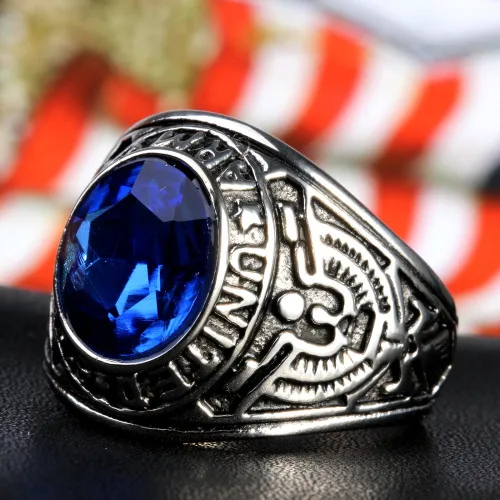 Europe And The United States  Stainless Steel Stall Jewelry American Soldiers Retro Titanium Steel Eagle Red Green Blue Black Gem Ring Men display picture 27